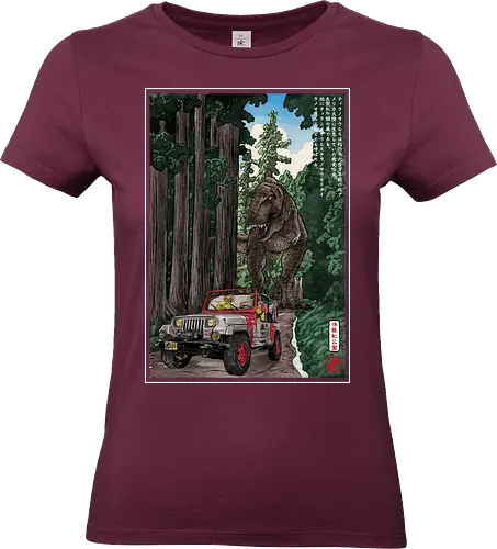 T- Rex chase woodblock - japan, japanese art, sumi e, t- rex, great wave off kanagawa, animals, nature, dinosaurs, action movies, jurassic - Standard T-Shirt (Women)