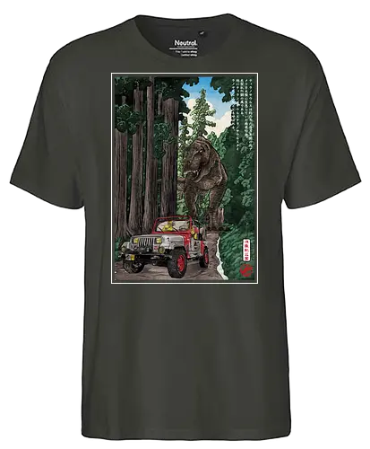 T- Rex chase woodblock - japan, japanese art, sumi e, t- rex, great wave off kanagawa, animals, nature, dinosaurs, action movies, jurassic - Fairtrade T-Shirt