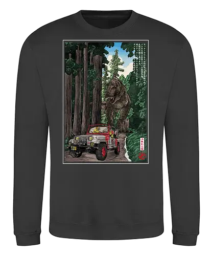 T- Rex chase woodblock - japan, japanese art, sumi e, t- rex, great wave off kanagawa, animals, nature, dinosaurs, action movies, jurassic - Sweatshirt