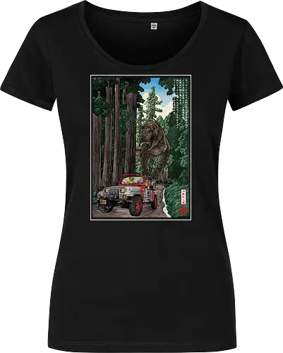 T- Rex chase woodblock - japan, japanese art, sumi e, t- rex, great wave off kanagawa, animals, nature, dinosaurs, action movies, jurassic - Women T-Shirt