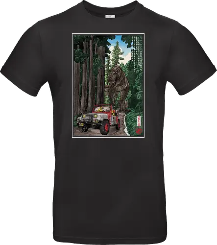 T- Rex chase woodblock - japan, japanese art, sumi e, t- rex, great wave off kanagawa, animals, nature, dinosaurs, action movies, jurassic - Standard T-Shirt