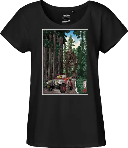 T- Rex chase woodblock - japan, japanese art, sumi e, t- rex, great wave off kanagawa, animals, nature, dinosaurs, action movies, jurassic - Fairtrade Girl Shirt