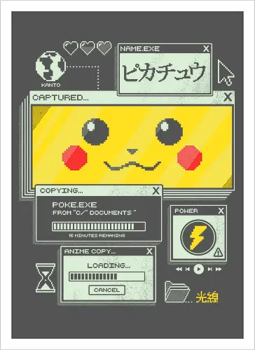 Electrifying Capture - anime, retro, pixel, gaming, cyber, japanese, nostalgia, geek, nerd, yellow, electric, computer - Artprint