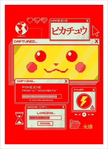 Electrifying Capture - anime, retro, pixel, gaming, cyber, japanese, nostalgia, geek, nerd, yellow, electric, computer - Artprint