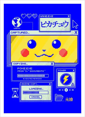 Electrifying Capture - anime, retro, pixel, gaming, cyber, japanese, nostalgia, geek, nerd, yellow, electric, computer - Artprint