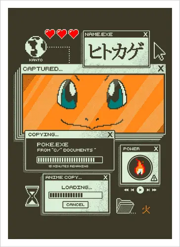 Flaming File - anime, retro, pixel, gaming, fire, japanese, nostalgia, geek, nerd, orange, flame, adventure - Artprint