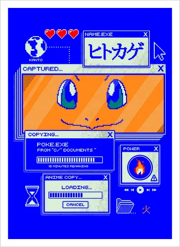 Flaming File - anime, retro, pixel, gaming, fire, japanese, nostalgia, geek, nerd, orange, flame, adventure - Artprint