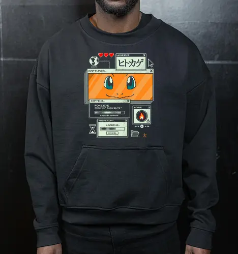 Flaming File - anime, retro, pixel, gaming, fire, japanese, nostalgia, geek, nerd, orange, flame, adventure - Cropped Sweatshirt