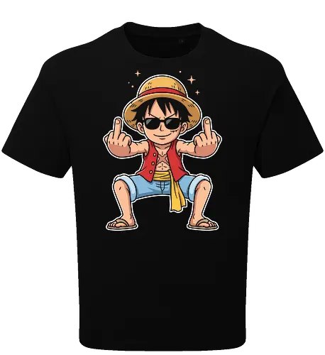 Rebel Captain: The Sun God's Salute - Luffy Gear 5 shirt, One Piece funny graphic tee, Sun God Nika apparel, anime middle finger design, edgy otaku streetwear, shonen manga clothing, pirate captain merch, sarcastic anime shirt, rebel aesthetic fashion, cool anime sunglasses tee - Oversize T-Shirt