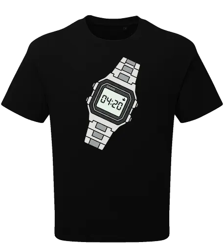 High Time: Retro Digital Watch - 420 shirt, retro digital watch graphic, vintage Casio apparel, stoner aesthetic streetwear, minimalist weed clothing, 80s nostalgia fashion, funny high time tee, subtle stoner merch, clean vector graphic design, retro tech clothing - Oversize T-Shirt