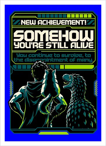 Dungeon Crawler Achievement - Nerd, Geek, Fantasy, Adventure, Rpg, Litrpg, Book, Books, Bookworm, Science Fantasy, Science Fiction, Scifi, Cat, Pet, Donut, Funny, Post-apocalyptic, Apocalypse, Post Apocalyptic, Apocalyptic Cats, Postapocalypse, Post-apocalypse, Poster, Parody, Dinosaur, Velociraptor, Vintage, Artificial Intelligence, Ai, Achieve, Alive, Survival, Survive, Survival Mode, I Survived, Dungeon Survival, Survivor, Futuristic, Cyberpunk, Geometric - Artprint
