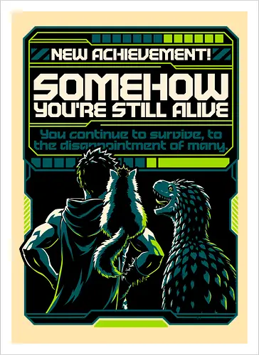 Dungeon Crawler Achievement - Nerd, Geek, Fantasy, Adventure, Rpg, Litrpg, Book, Books, Bookworm, Science Fantasy, Science Fiction, Scifi, Cat, Pet, Donut, Funny, Post-apocalyptic, Apocalypse, Post Apocalyptic, Apocalyptic Cats, Postapocalypse, Post-apocalypse, Poster, Parody, Dinosaur, Velociraptor, Vintage, Artificial Intelligence, Ai, Achieve, Alive, Survival, Survive, Survival Mode, I Survived, Dungeon Survival, Survivor, Futuristic, Cyberpunk, Geometric - Artprint