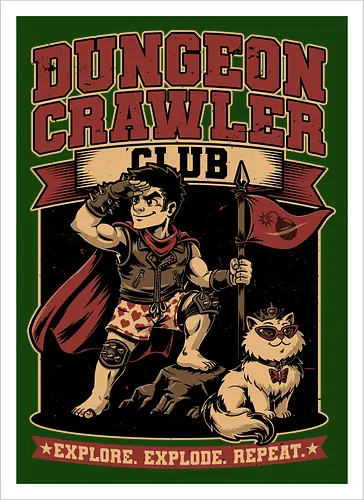 Dungeon Crawler Club - Nerd, Geek, Fantasy, Adventure, Rpg, Litrpg, Book, Books, Bookworm, Science Fantasy, Science Fiction, Scifi, Cat, Pet, Donut, Funny, Post-apocalyptic, Apocalypse, Post Apocalyptic, Apocalyptic Cats, Postapocalypse, Post-apocalypse, Vintage, Retro, Retro Vintage, Retro Advertising, Retro Publicity, Club, Group, Squad, Exploration, Exploring, Explore, Explorer, Explosion, Explosive, Repeat - Artprint