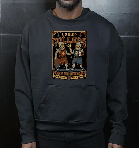 Medieval Knight College - Medieval, Knights, Knight, College Humor, College, Retro College, College Parody, University, University Shirt, Fake University, Decisions, Bad Decisions, Decision, Wise, Warrior, War, Fight, Battle, Fun, Funny, Rpg, Role-play, Role-playing, Roleplay Game, Role-playing Game, Critical Role, Roleplay, Roleplaying, D20, Roleplaying Game, Pen and Paper, Dungeon Master, Pen and Paper, Pen and paper, Dungeon, Fantasy, Adventure, Mascot, Meme - Cropped Sweatshirt