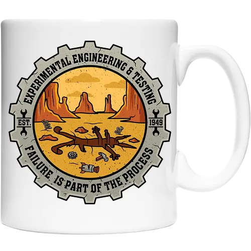 Experimental Engineering – Failure Is Part Of The Process - Ingenieur, Engineering, Cartoon, Coyote, Experiment, Failure, Tech, Humor, Lustig, Geschenk, Vintage Badge, Science, Erfinder, Geek, Nerd - Cup