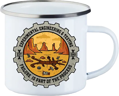 Experimental Engineering – Failure Is Part Of The Process - Ingenieur, Engineering, Cartoon, Coyote, Experiment, Failure, Tech, Humor, Lustig, Geschenk, Vintage Badge, Science, Erfinder, Geek, Nerd - Enamel Mug