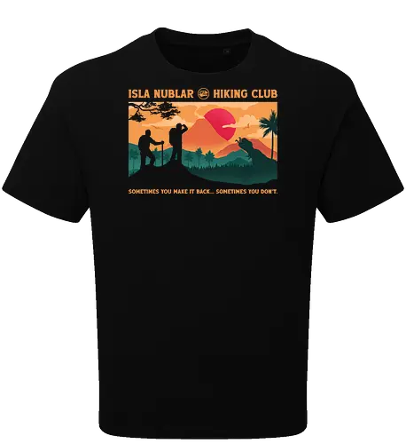 Cretaceous Hiking Club - dinosaur, adventure, camping, dark humor, funny, geek, hiking, mountain, nature, outdoors, prehistoric, sarcasm, t rex, travel, volcano - Oversize T-Shirt