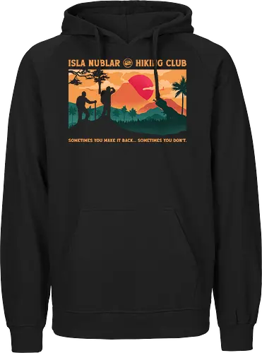 Cretaceous Hiking Club - dinosaur, adventure, camping, dark humor, funny, geek, hiking, mountain, nature, outdoors, prehistoric, sarcasm, t rex, travel, volcano - Fairtrade Hoodie