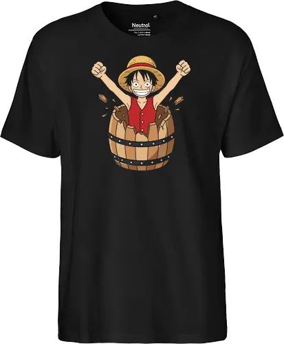 Barrel Breakout: The Journey Begins - One Piece shirt, Luffy barrel graphic tee, Straw Hat pirate merch, anime origin apparel, nostalgic manga clothing, shonen anime streetwear, classic anime moment tee, pirate adventure fashion, minimalist anime design, Japanese pop culture shirt - Fairtrade T-Shirt