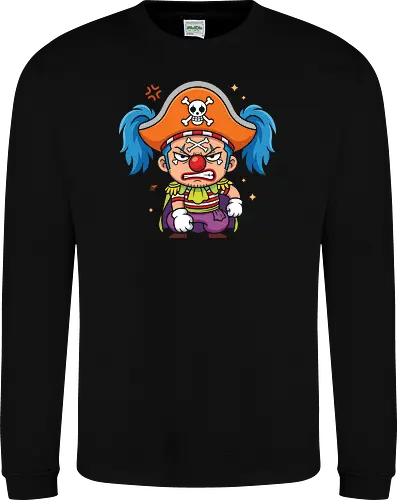 The Grumpy Star Clown: Chibi Pirate - Buggy the clown shirt, One Piece merch, chibi anime graphic tee, funny pirate apparel, kawaii otaku streetwear, Star Clown clothing, grumpy anime character, shonen manga fashion, Japanese anime villain tee, cute pirate captain shirt - Sweatshirt