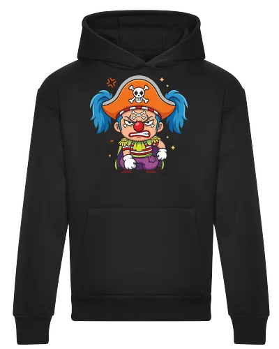 The Grumpy Star Clown: Chibi Pirate - Buggy the clown shirt, One Piece merch, chibi anime graphic tee, funny pirate apparel, kawaii otaku streetwear, Star Clown clothing, grumpy anime character, shonen manga fashion, Japanese anime villain tee, cute pirate captain shirt - Heavyweight Hoodie