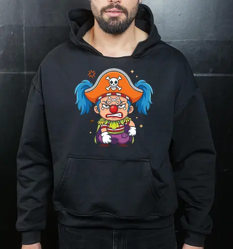 The Grumpy Star Clown: Chibi Pirate - Buggy the clown shirt, One Piece merch, chibi anime graphic tee, funny pirate apparel, kawaii otaku streetwear, Star Clown clothing, grumpy anime character, shonen manga fashion, Japanese anime villain tee, cute pirate captain shirt - Cropped Hoodie