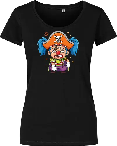 The Grumpy Star Clown: Chibi Pirate - Buggy the clown shirt, One Piece merch, chibi anime graphic tee, funny pirate apparel, kawaii otaku streetwear, Star Clown clothing, grumpy anime character, shonen manga fashion, Japanese anime villain tee, cute pirate captain shirt - Women T-Shirt