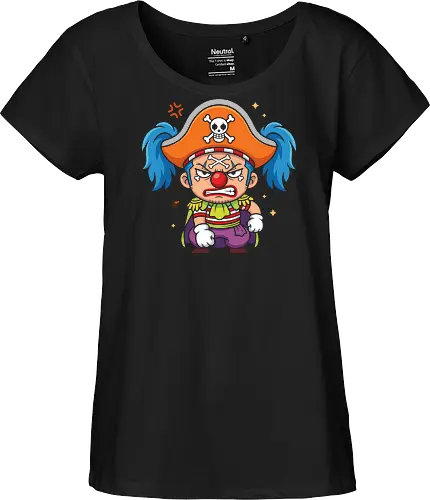 The Grumpy Star Clown: Chibi Pirate - Buggy the clown shirt, One Piece merch, chibi anime graphic tee, funny pirate apparel, kawaii otaku streetwear, Star Clown clothing, grumpy anime character, shonen manga fashion, Japanese anime villain tee, cute pirate captain shirt - Fairtrade Girl Shirt