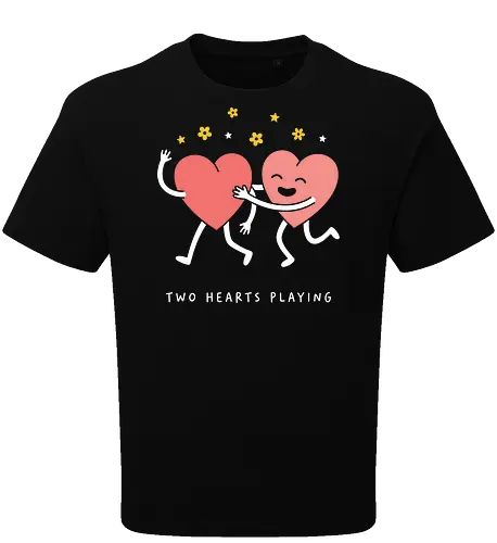 Heart to Heart: The Happy Hug - cute heart hug shirt, Valentine's day graphic tee, kawaii aesthetic apparel, matching couple shirts, best friend clothing, pastel pink heart merch, wholesome graphic design, sweet minimalist streetwear, spread love tee, happy heart character fashion - Oversize T-Shirt