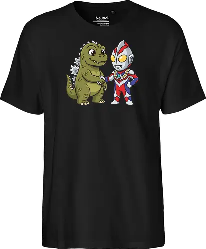 Kaiju Truce: The Hero & The Monster - Godzilla and Ultraman shirt, kawaii kaiju graphic tee, Japanese superhero apparel, Tokusatsu fan merch, chibi monster clothing, retro pop culture streetwear, Godzilla crossover tee, funny anime hero design, otaku aesthetic fashion, vintage monster movie shirt - Fairtrade T-Shirt