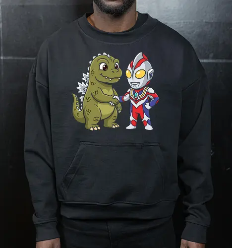 Kaiju Truce: The Hero & The Monster - Godzilla and Ultraman shirt, kawaii kaiju graphic tee, Japanese superhero apparel, Tokusatsu fan merch, chibi monster clothing, retro pop culture streetwear, Godzilla crossover tee, funny anime hero design, otaku aesthetic fashion, vintage monster movie shirt - Cropped Sweatshirt