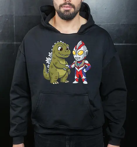 Kaiju Truce: The Hero & The Monster - Godzilla and Ultraman shirt, kawaii kaiju graphic tee, Japanese superhero apparel, Tokusatsu fan merch, chibi monster clothing, retro pop culture streetwear, Godzilla crossover tee, funny anime hero design, otaku aesthetic fashion, vintage monster movie shirt - Cropped Hoodie