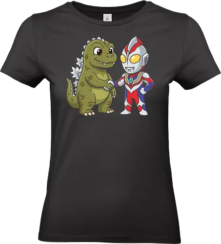 Kaiju Truce: The Hero & The Monster - Godzilla and Ultraman shirt, kawaii kaiju graphic tee, Japanese superhero apparel, Tokusatsu fan merch, chibi monster clothing, retro pop culture streetwear, Godzilla crossover tee, funny anime hero design, otaku aesthetic fashion, vintage monster movie shirt - Standard T-Shirt (Women)