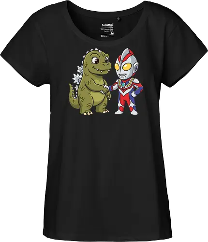 Kaiju Truce: The Hero & The Monster - Godzilla and Ultraman shirt, kawaii kaiju graphic tee, Japanese superhero apparel, Tokusatsu fan merch, chibi monster clothing, retro pop culture streetwear, Godzilla crossover tee, funny anime hero design, otaku aesthetic fashion, vintage monster movie shirt - Fairtrade Girl Shirt