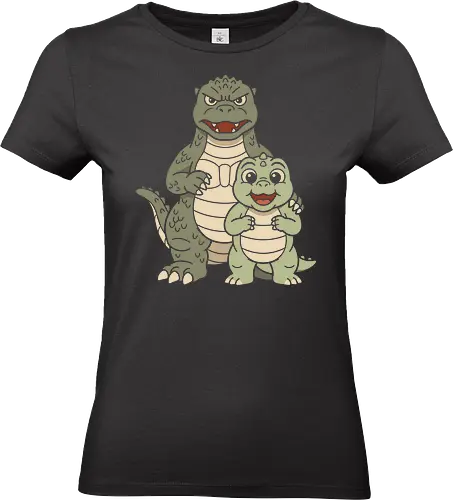 Monster Family: The Kaiju Father - cute kaiju graphic tee, retro monster movie apparel, Japanese pop culture streetwear, father and son dinosaur design, kawaii Godzilla merch, vintage aesthetic clothing, funny dad shirt, classic Tokusatsu tee, giant monster family graphic, Kaiju and Minilla shirt - Standard T-Shirt (Women)