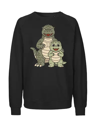 Monster Family: The Kaiju Father - cute kaiju graphic tee, retro monster movie apparel, Japanese pop culture streetwear, father and son dinosaur design, kawaii Godzilla merch, vintage aesthetic clothing, funny dad shirt, classic Tokusatsu tee, giant monster family graphic, Kaiju and Minilla shirt - Fairtrade Sweatshirt