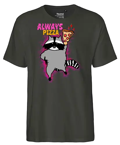 Waschbär mit Pizza  - Pizza, Waschbär, Tier, Naturliebhaber, Essen, Humor, lustig, süßer Käse, Pizzastück - Fairtrade T-Shirt