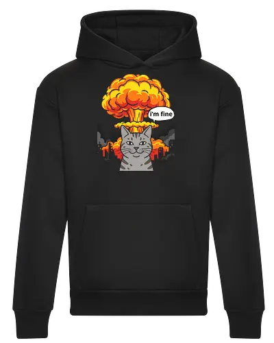 The "I'm Fine" Cat - funny cat shirt, this is fine meme apparel, im fine graphic tee, dark humor streetwear, sarcastic cat clothing, chaotic energy design, nuclear explosion shirt, relatable stress fashion, internet meme merch, apocalyptic graphic tee - Heavyweight Hoodie