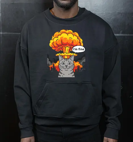 The "I'm Fine" Cat - funny cat shirt, this is fine meme apparel, im fine graphic tee, dark humor streetwear, sarcastic cat clothing, chaotic energy design, nuclear explosion shirt, relatable stress fashion, internet meme merch, apocalyptic graphic tee - Cropped Sweatshirt
