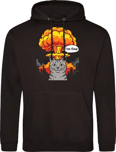 The "I'm Fine" Cat - funny cat shirt, this is fine meme apparel, im fine graphic tee, dark humor streetwear, sarcastic cat clothing, chaotic energy design, nuclear explosion shirt, relatable stress fashion, internet meme merch, apocalyptic graphic tee - Standard Hoodie