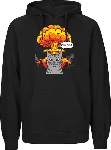 The "I'm Fine" Cat - funny cat shirt, this is fine meme apparel, im fine graphic tee, dark humor streetwear, sarcastic cat clothing, chaotic energy design, nuclear explosion shirt, relatable stress fashion, internet meme merch, apocalyptic graphic tee - Fairtrade Hoodie