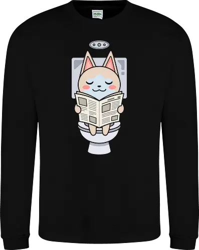 Morning Routine: The Reading Palico - Monster Hunter shirt, Palico graphic tee, funny cat apparel, gaming companion merch, kawaii gamer streetwear, toilet humor clothing, pastel aesthetic cat design, retro RPG fashion, cute animal reading shirt, relatable morning routine tee - Sweatshirt