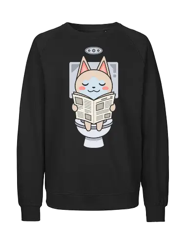 Morning Routine: The Reading Palico - Monster Hunter shirt, Palico graphic tee, funny cat apparel, gaming companion merch, kawaii gamer streetwear, toilet humor clothing, pastel aesthetic cat design, retro RPG fashion, cute animal reading shirt, relatable morning routine tee - Fairtrade Sweatshirt