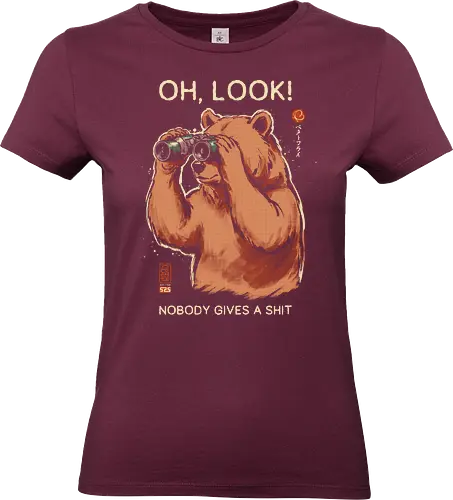 Oh, Look! Nobody Gives a Shit - bear, funny, sarcastic, retro, vintage, japanese, humor, binoculars, introvert, quote, mood, adult humor, swear word, cute, nature - Standard T-Shirt (Women)