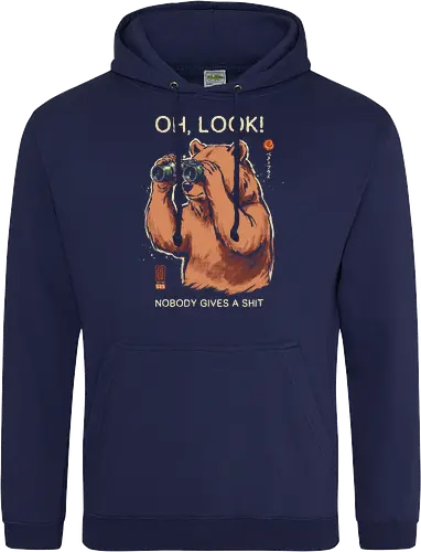 Oh, Look! Nobody Gives a Shit - bear, funny, sarcastic, retro, vintage, japanese, humor, binoculars, introvert, quote, mood, adult humor, swear word, cute, nature - Standard Hoodie