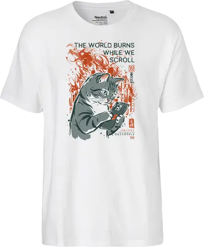 The World Burns While We Scroll - cat, funny, phone, doomscrolling, vintage, retro, japanese, social media, internet, scrolling, quote, humor, cute, mood, ironic - Fairtrade T-Shirt