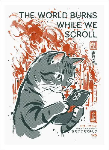 The World Burns While We Scroll - cat, funny, phone, doomscrolling, vintage, retro, japanese, social media, internet, scrolling, quote, humor, cute, mood, ironic - Artprint