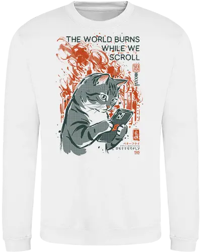 The World Burns While We Scroll - cat, funny, phone, doomscrolling, vintage, retro, japanese, social media, internet, scrolling, quote, humor, cute, mood, ironic - Sweatshirt