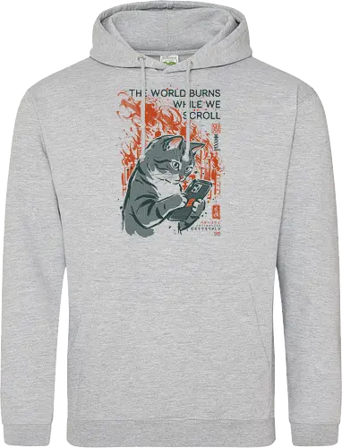 The World Burns While We Scroll - cat, funny, phone, doomscrolling, vintage, retro, japanese, social media, internet, scrolling, quote, humor, cute, mood, ironic - Standard Hoodie