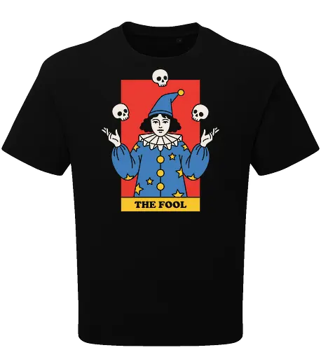 The Fool's Juggling Act - tarot card shirt, The Fool major arcana tee, vintage circus graphic, creepy clown apparel, juggling skulls design, dark academia streetwear, witchy aesthetic clothing, occult graphic fashion, macabre harlequin merch, retro mystic illustration - Oversize T-Shirt